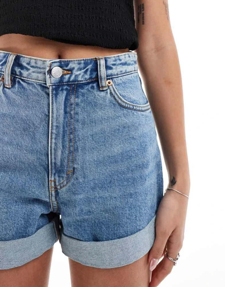 Monki Monki Tallie turn up denim shorts in mid blue 5