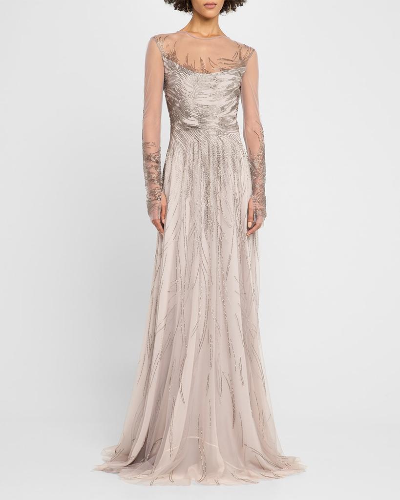 Naeem Khan Abstract Beaded Long-Sleeve Illusion Gown