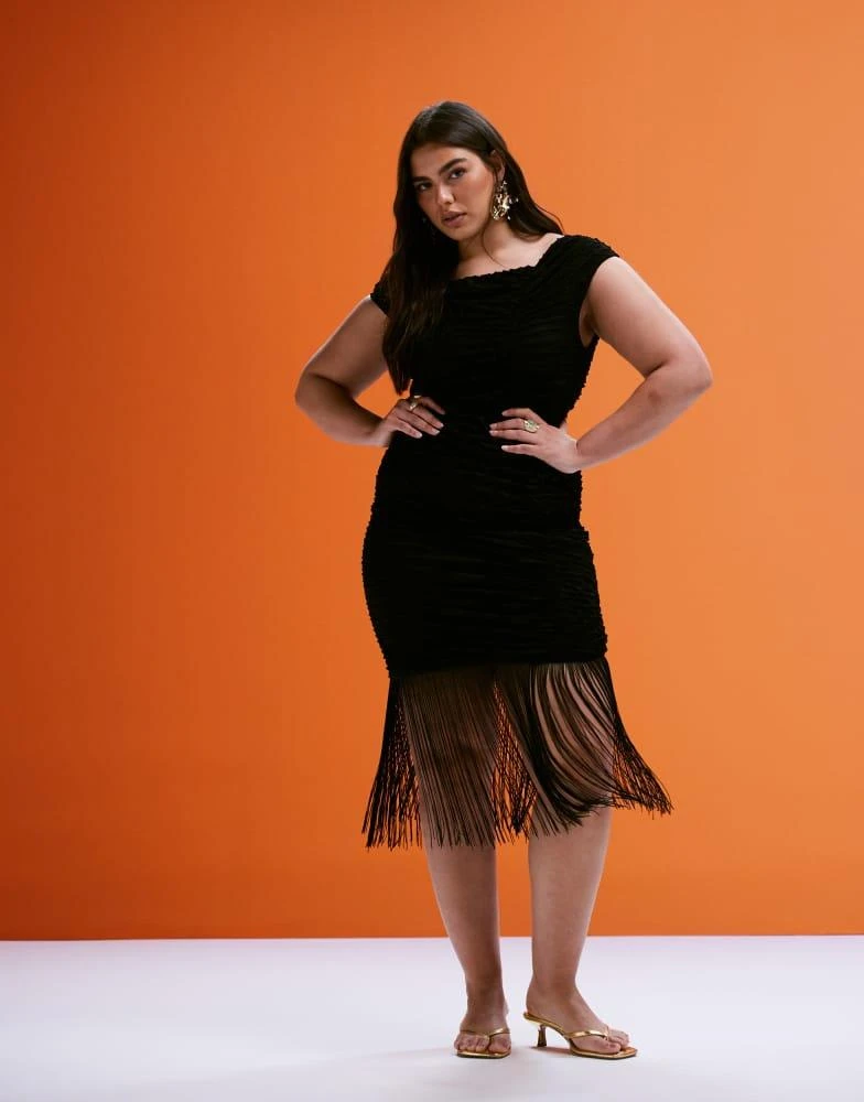 ASOS ASOS DESIGN Curve textured asymmetric neckline midi dress with fringe hem in black 1