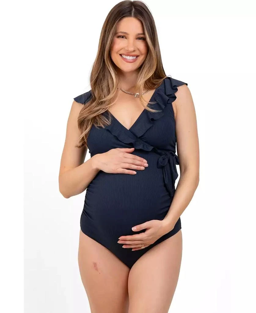 Pinkblush Maternity Navy Rib Ruffle V Neck Side Tie Knot Swimsuit
