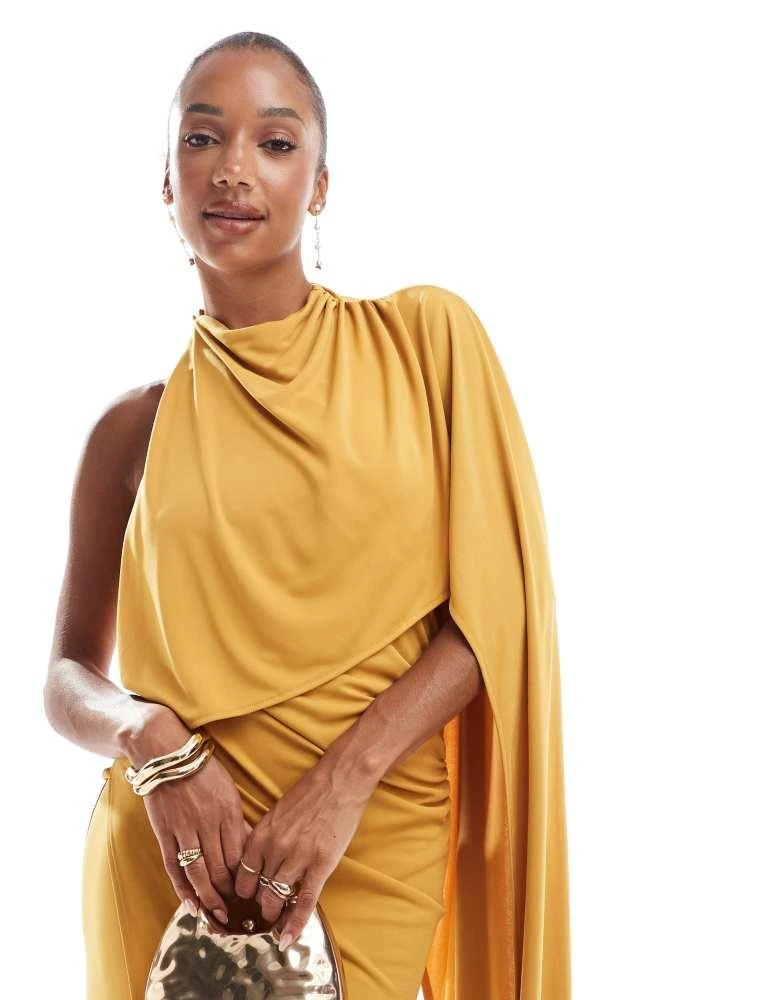 ASOS ASOS DESIGN one shoulder cape red carpet maxi dress with train in ochre 2