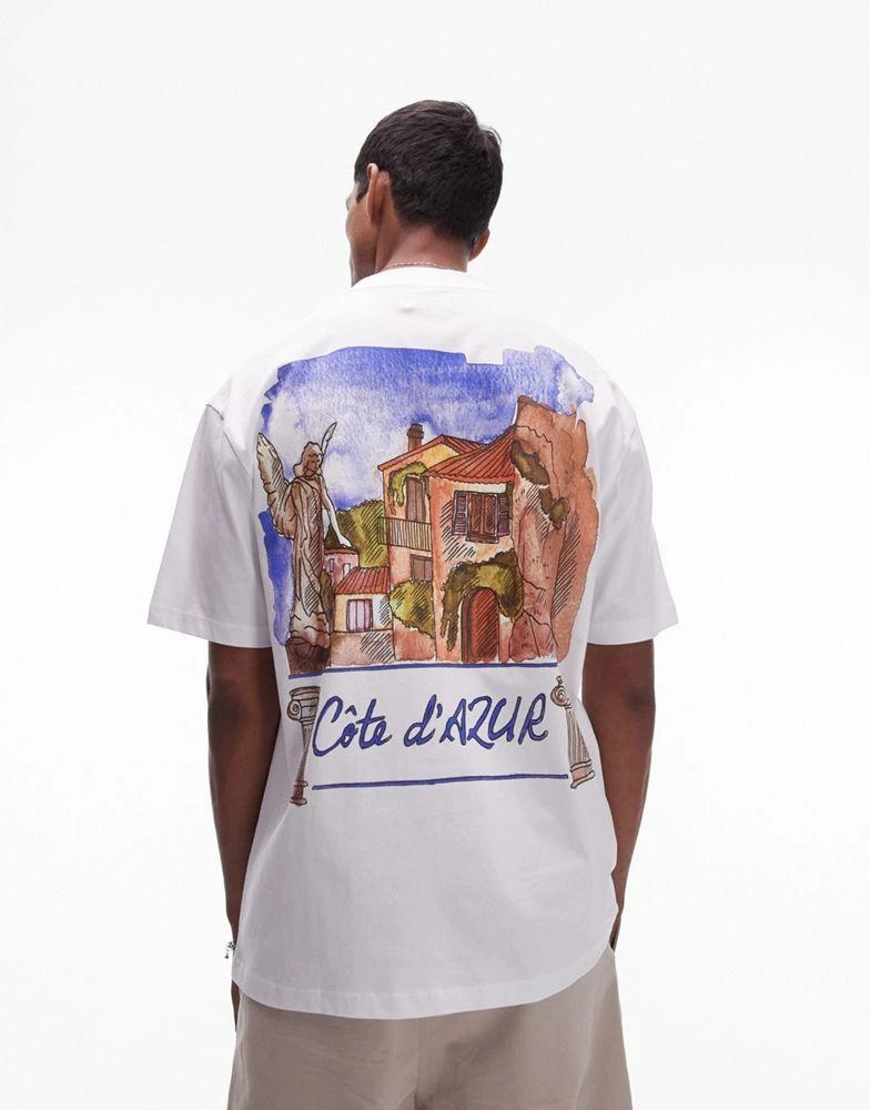 Topman Topman oversized fit t-shirt with watercolour Cote D'Azur front and back print in white 4