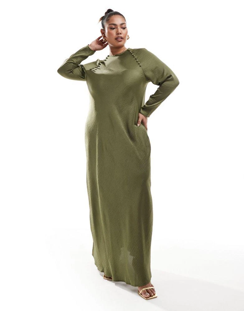 ASOS ASOS DESIGN Curve satin biased maxi dress with button detail in khaki 1