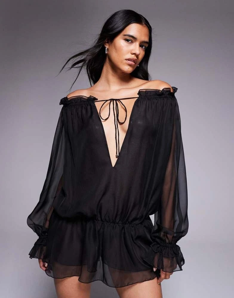 I.AM.GIA I.AM.GIA Jazmin georgette chiffon bardot plunge tie detail dropped waist playsuit in black