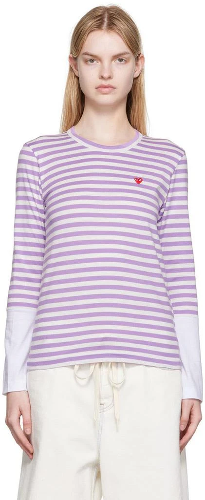 Comme des Garcons White & Purple Small Heart Patch Long Sleeve T-Shirt 1