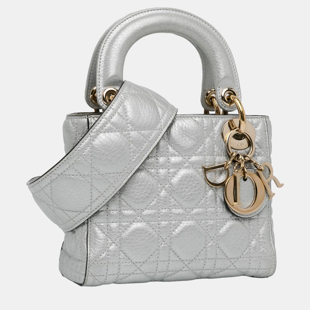 Dior Dior Silver Mini Metallic Calfskin Cannage Supple Lady Dior