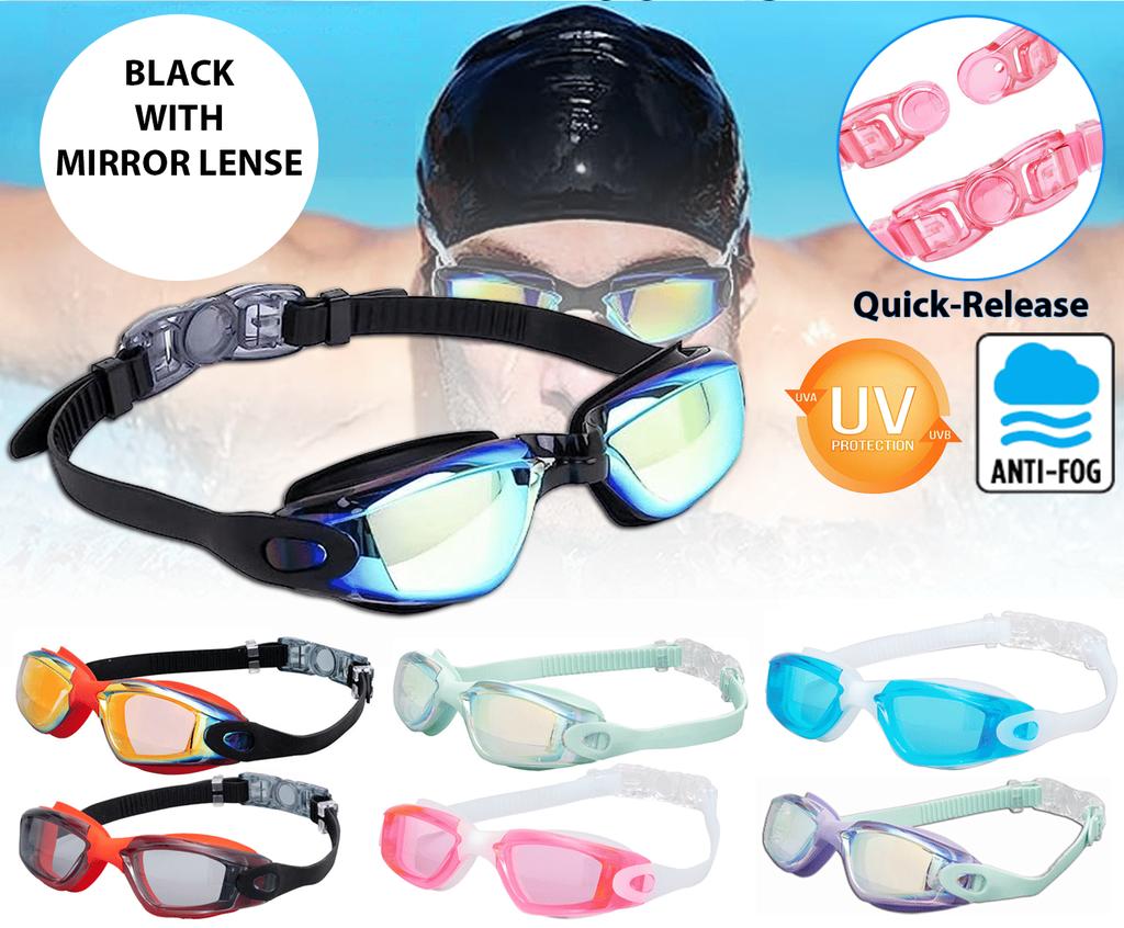 PROXXI Clear Comfortable Swimming Goggles UV- Anti-Fog Swim Glasses Mirror Adult & Kids - Black Lenses