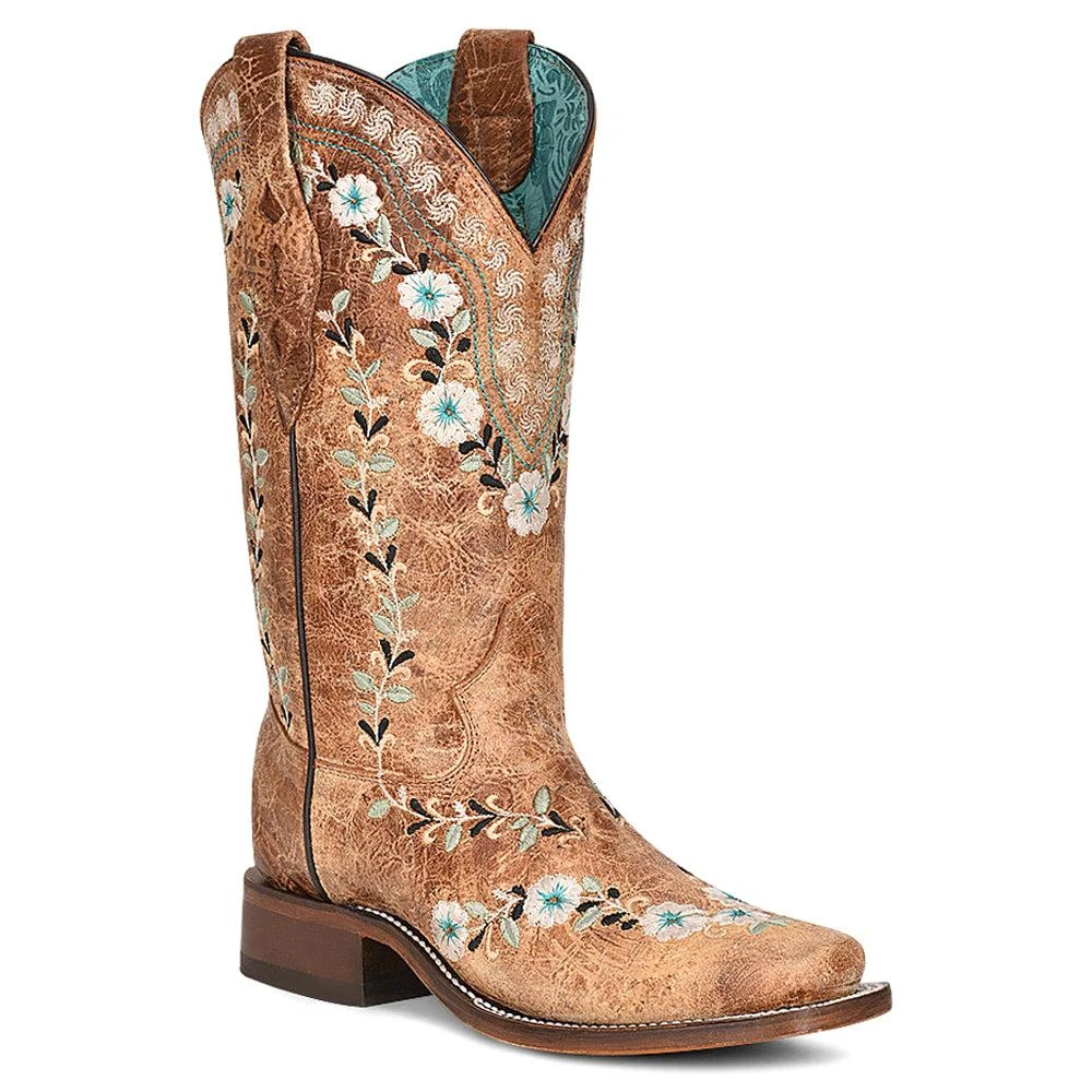 Corral Boots Distressed Glow In The Dark Floral Embroidered Square Toe Cowboy Boots 2