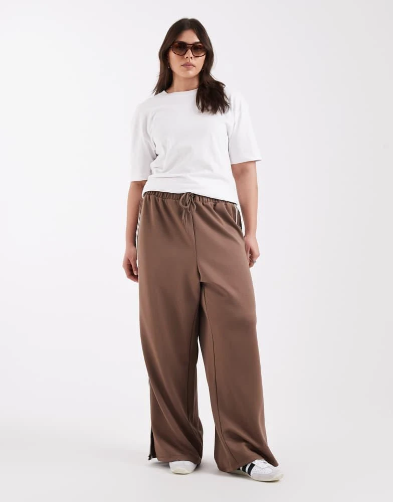Pieces Plus Pieces Curve wide leg trousers with side stripe in brown