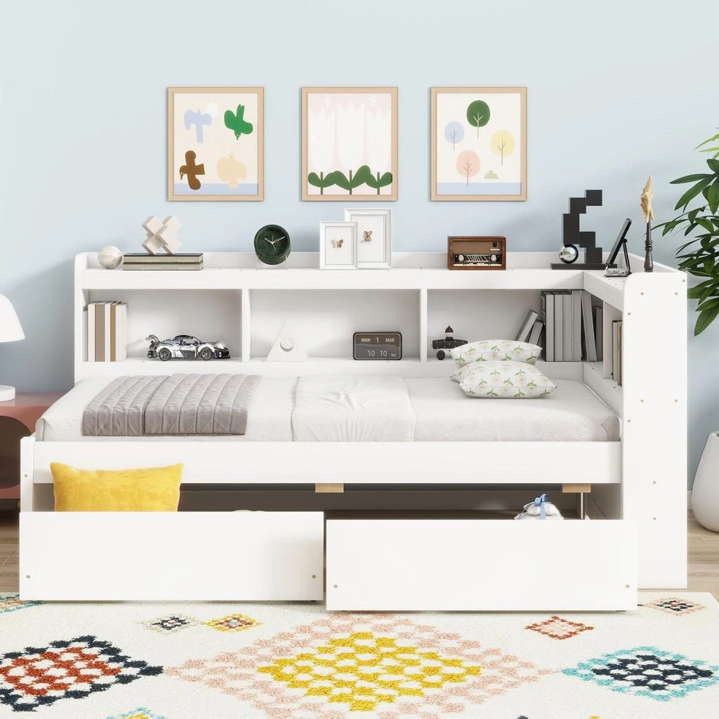Streamdale Furniture Streamdale Twin L-Shaped Bookcase Bed with Outlets
Drawers - White