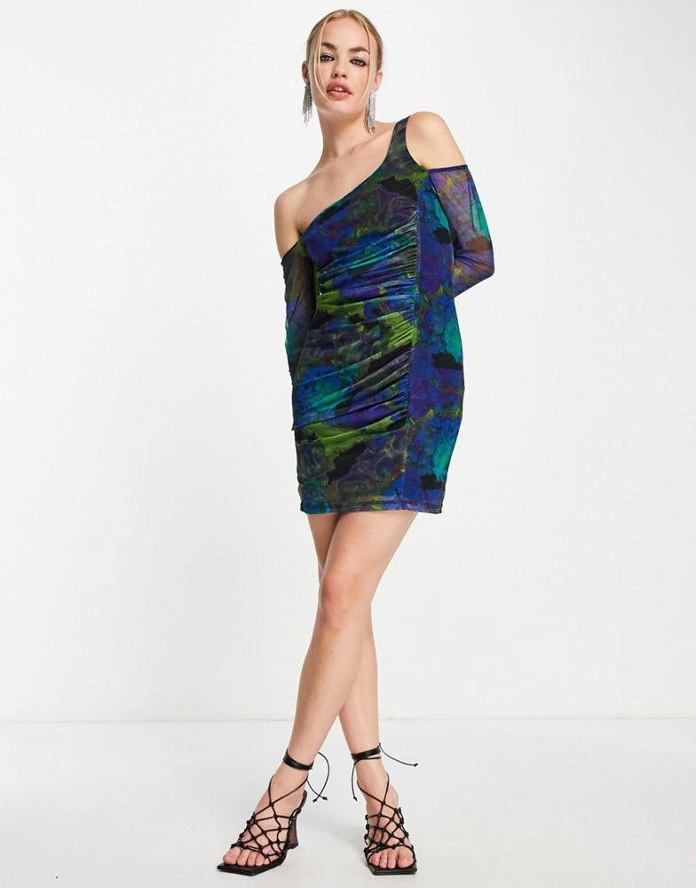 Topshop Topshop long sleeve mesh ruched blurred floral mini dress in blue 4
