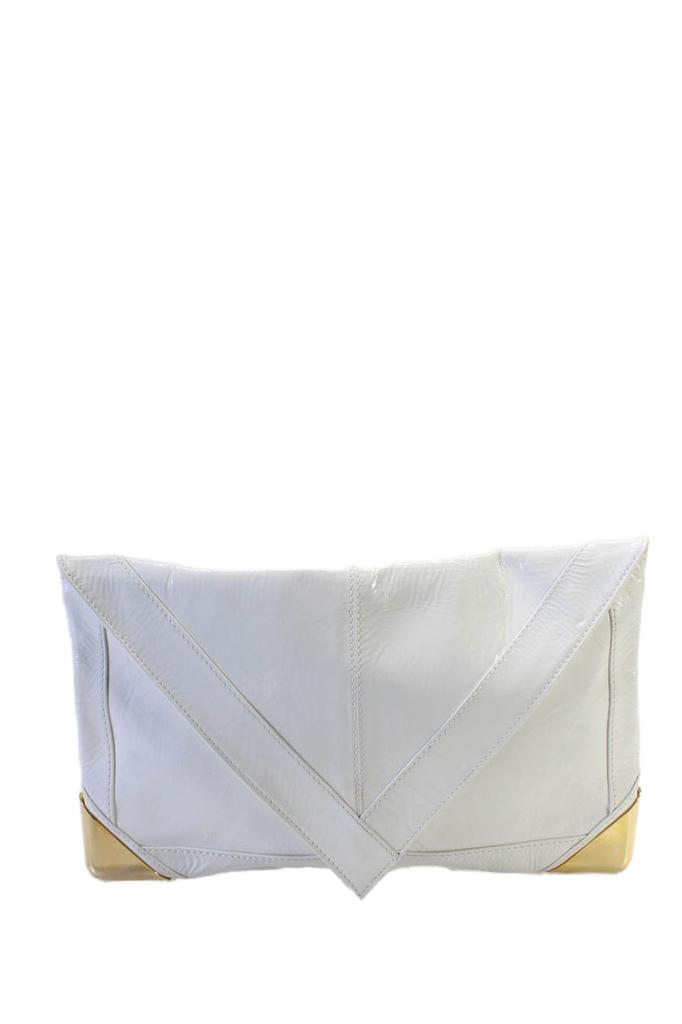 Brian Atwood Womens Leather Gold Tone Accent Flap Envelope Clutch White