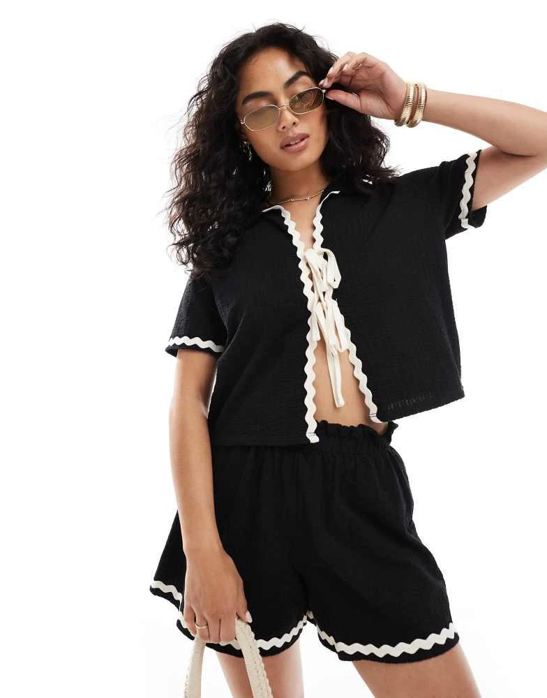 Miss Selfridge Miss Selfridge tie front rick rac top in black 1