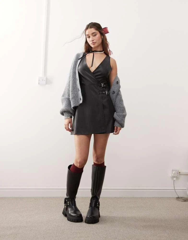 Miss Selfridge faux leather pinny dress-Black