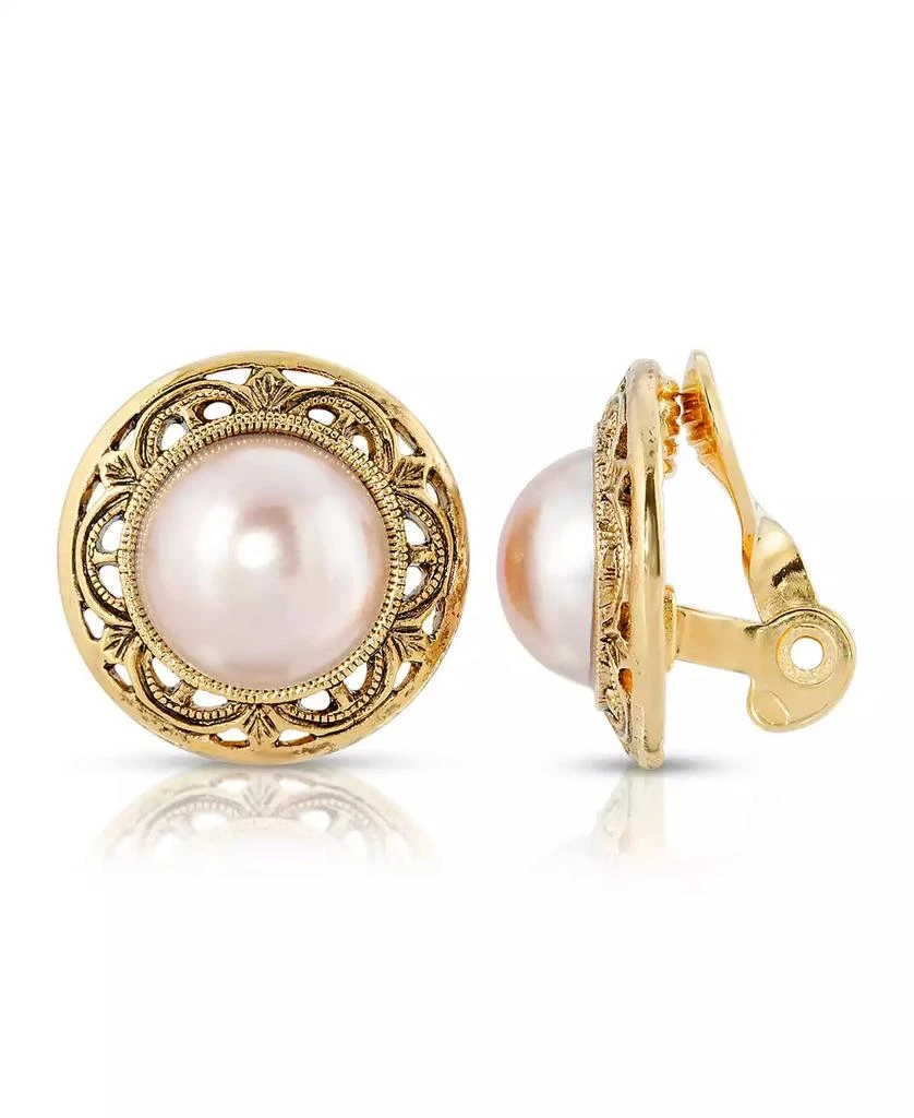 2028 Gold Tone Imitation Pearl Round Button Clip Earrings 1