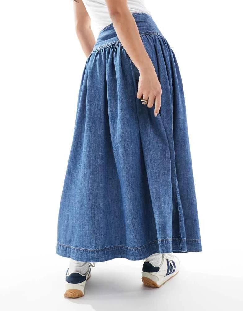 ASOS ASOS DESIGN denim drop waist maxi skirt with linen in midwash blue 2