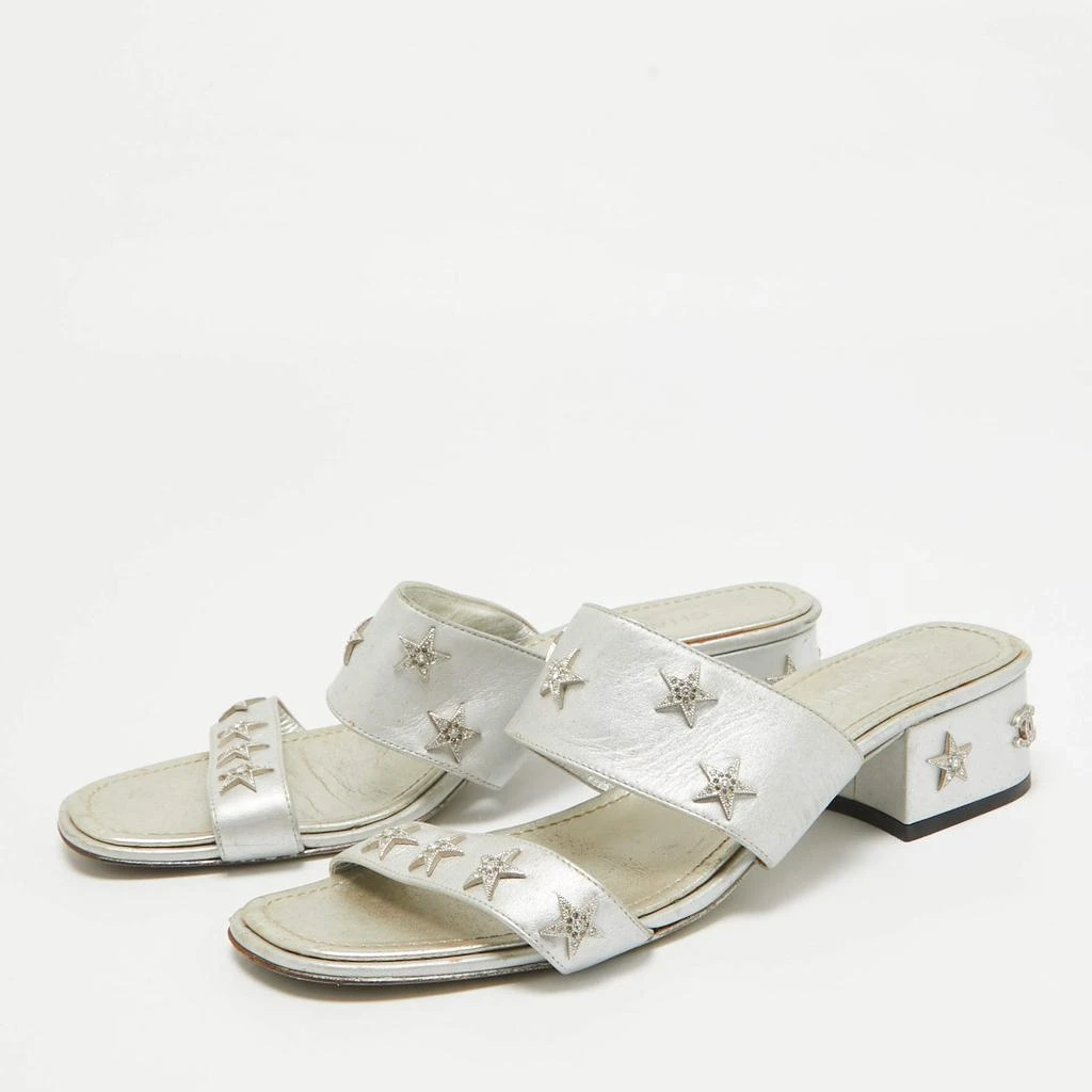 Chanel Chanel Silver Leather Star Crystal Embellished Slide Sandals Size 38.5 2