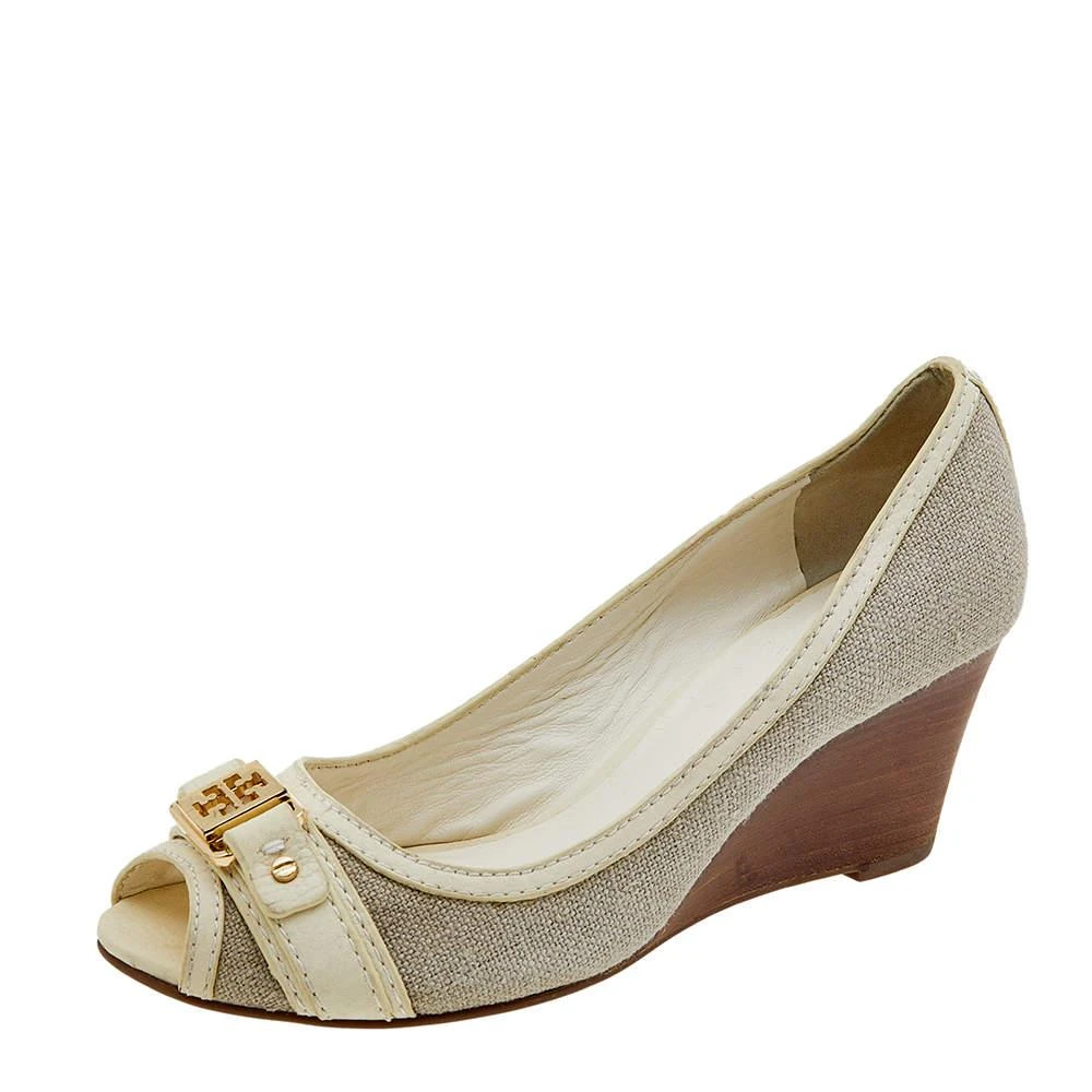 Tory Burch Tory Burch Grey/Cream Canvas And Leather Wedge Peep Toe Pumps Size 37.5 1