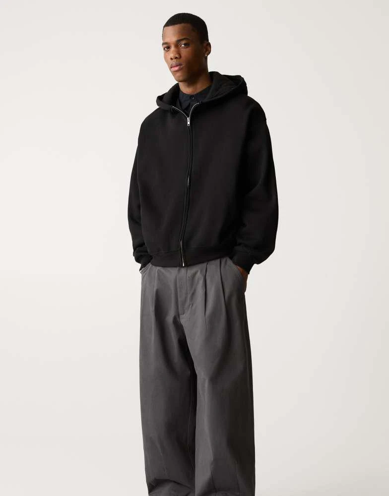 Pull&Bear Pull&Bear zip through boxy fit hoodie in black 3
