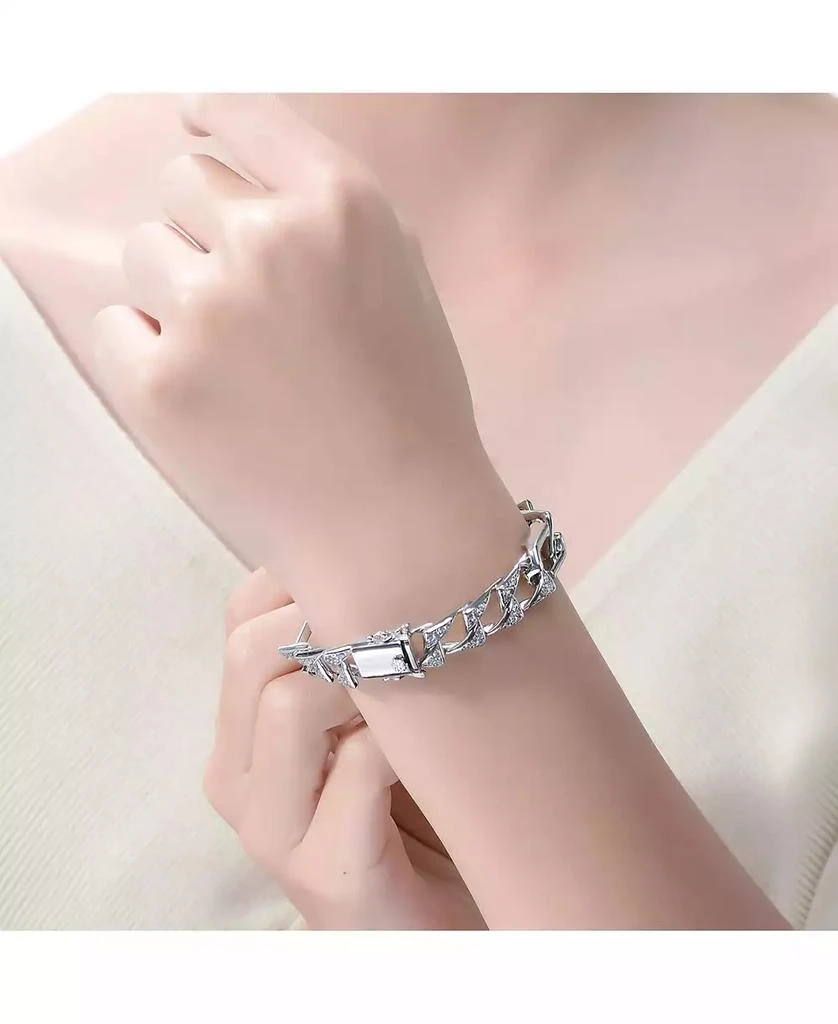 Genevive Men
s Sterling Silver White Gold Plated with Iced Out Cubic Zirconia Mixed Cuban Chain Bracelet 3