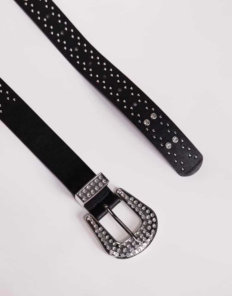 ASOS ASOS DESIGN western cowboy crystal studded belt in black faux leather 2
