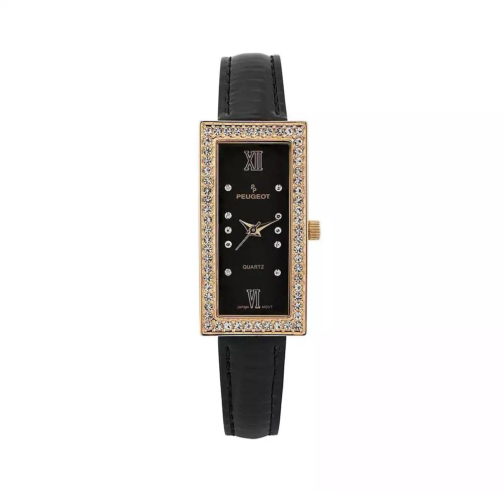 Peugeot Women's 35x20mm Crystal Bezel Watch with Glossy Black Leather Strap