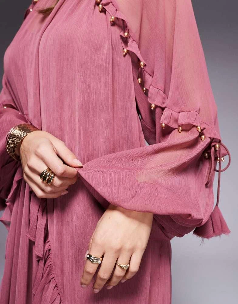 ASOS Design beaded ruffle maxi dress with tassels in berry pink