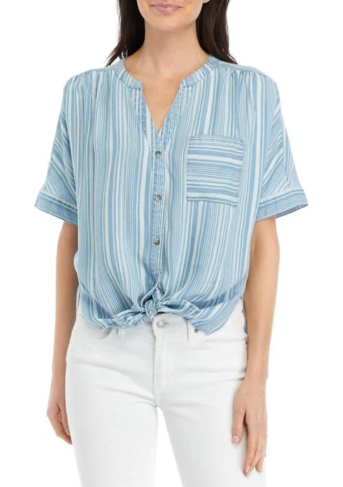 Sharagano Womens Short Sleeve Striped Tie Front Chambray Shirt 1