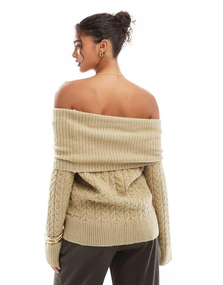 Bershka Bershka bardot cable knit jumper in khaki