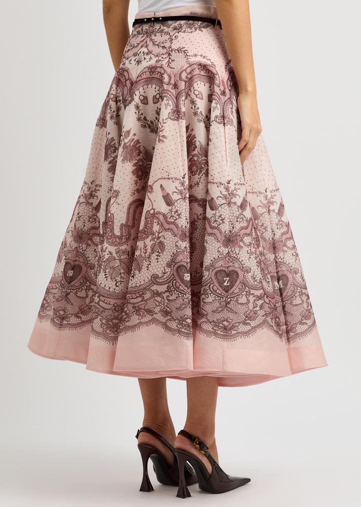 Zimmermann Crush belted printed linen-blend midi skirt