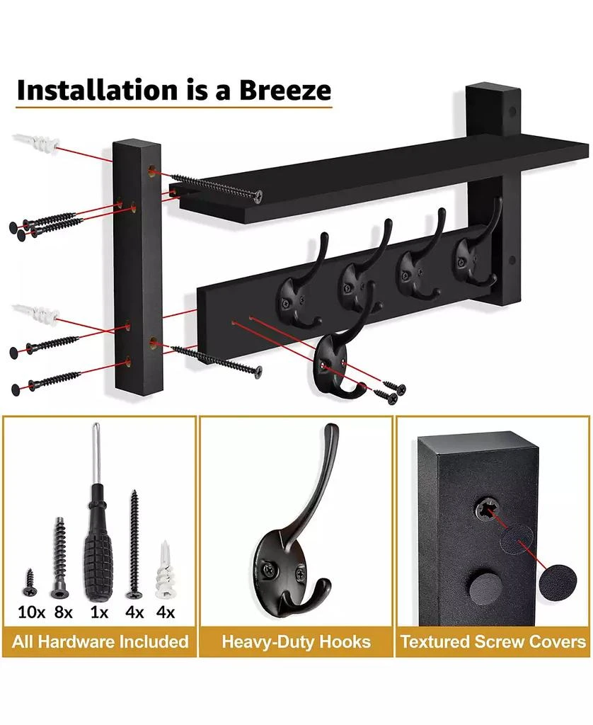 Sorbus 16 Inch Floating Wall Shelf with 5 Heavy Duty Hooks – for Entryway, Bathroom, Bedroom, Kitchen, or Mudroom 5