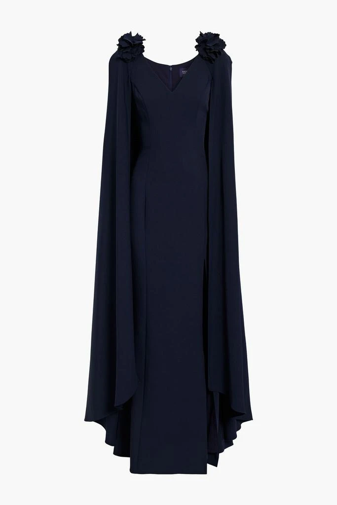Marchesa Notte V-Neck Cape Gown W/ 3D Flowers, Blue, Women's, 2, Evening Formal Gala Gowns Mother of the Bride Groom Cape & Flutter Sleeve Gowns