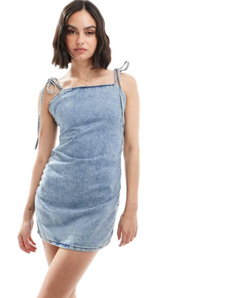 Pull&Bear Pull&Bear strappy denim mini dress in medium blue 3