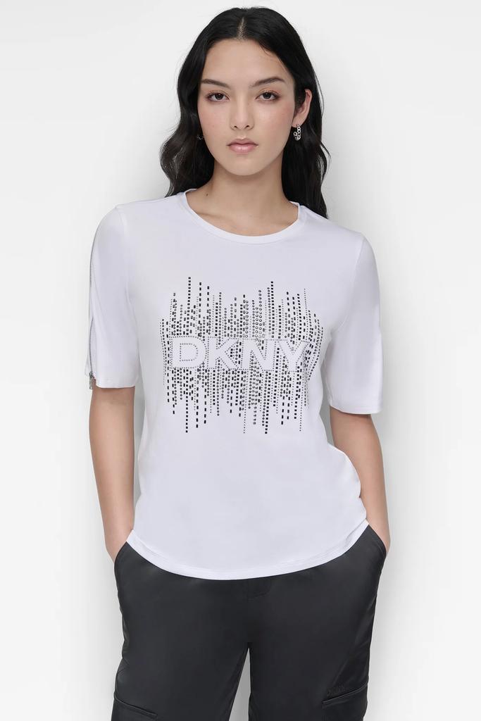 DKNY ZIP SLEEVE CRYSTAL TEE