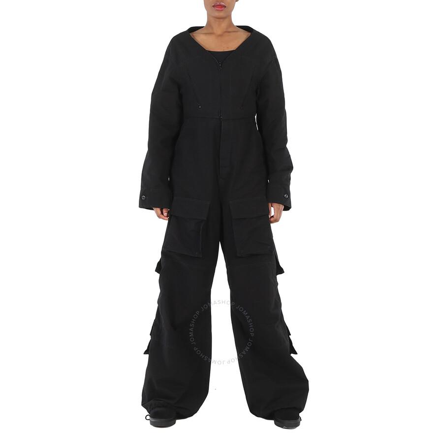 Balenciaga Ladies Black V-Neck Cotton Cargo Jumpsuit