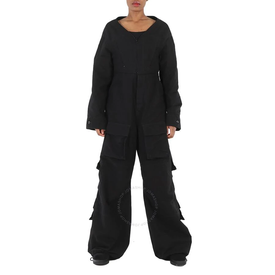 Balenciaga Ladies Black V-Neck Cotton Cargo Jumpsuit 1