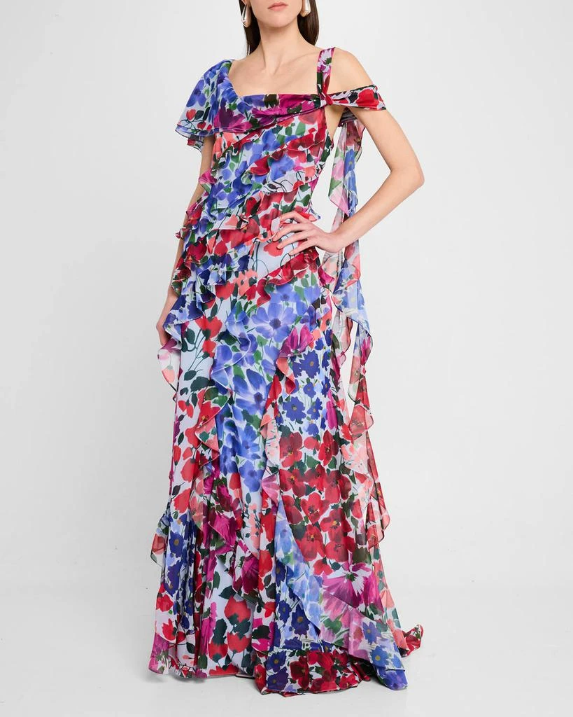Carolina Herrera One-Shoulder Multi-Floral Ruffle Gown 4