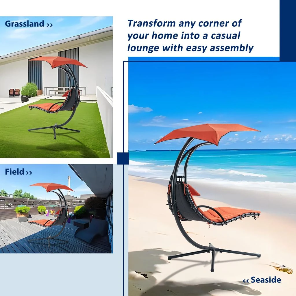 Streamdale Furniture Streamdale Orange Oasis: Ergonomic Hammock Chair with Umbrella and Pillow 3