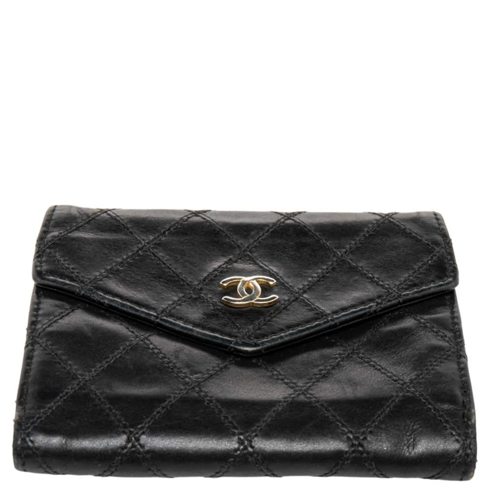 Chanel Chanel Black Double Quilted Leather Vintage Trifold Wallet 6