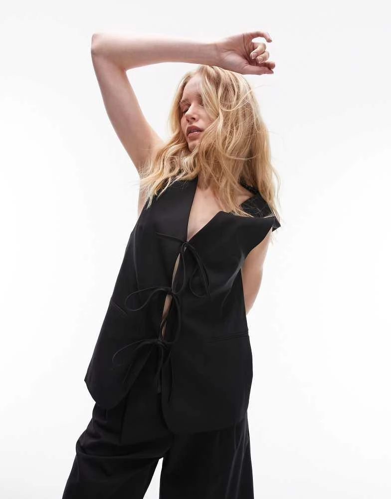Topshop Topshop co-ord tailored tie front waist coat in black 1