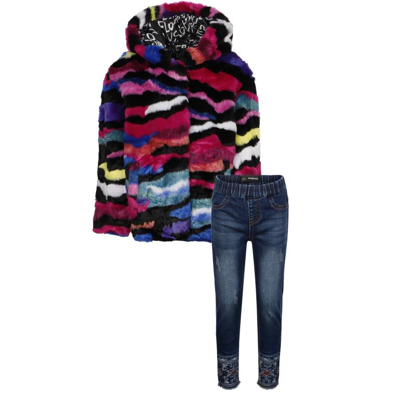 Desigual Faux fur jacket with slogan interior and embroidered jeggings set in colorful and blue