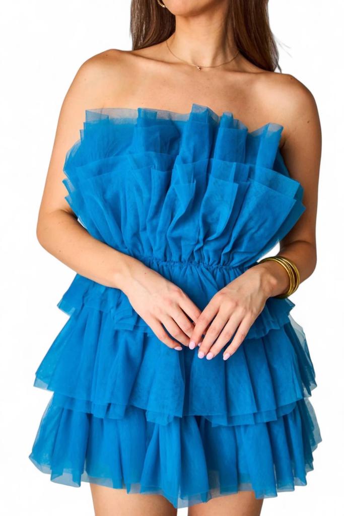 Buddylove Powder Puff Strapless Tulle Mini Dress In Indigo
