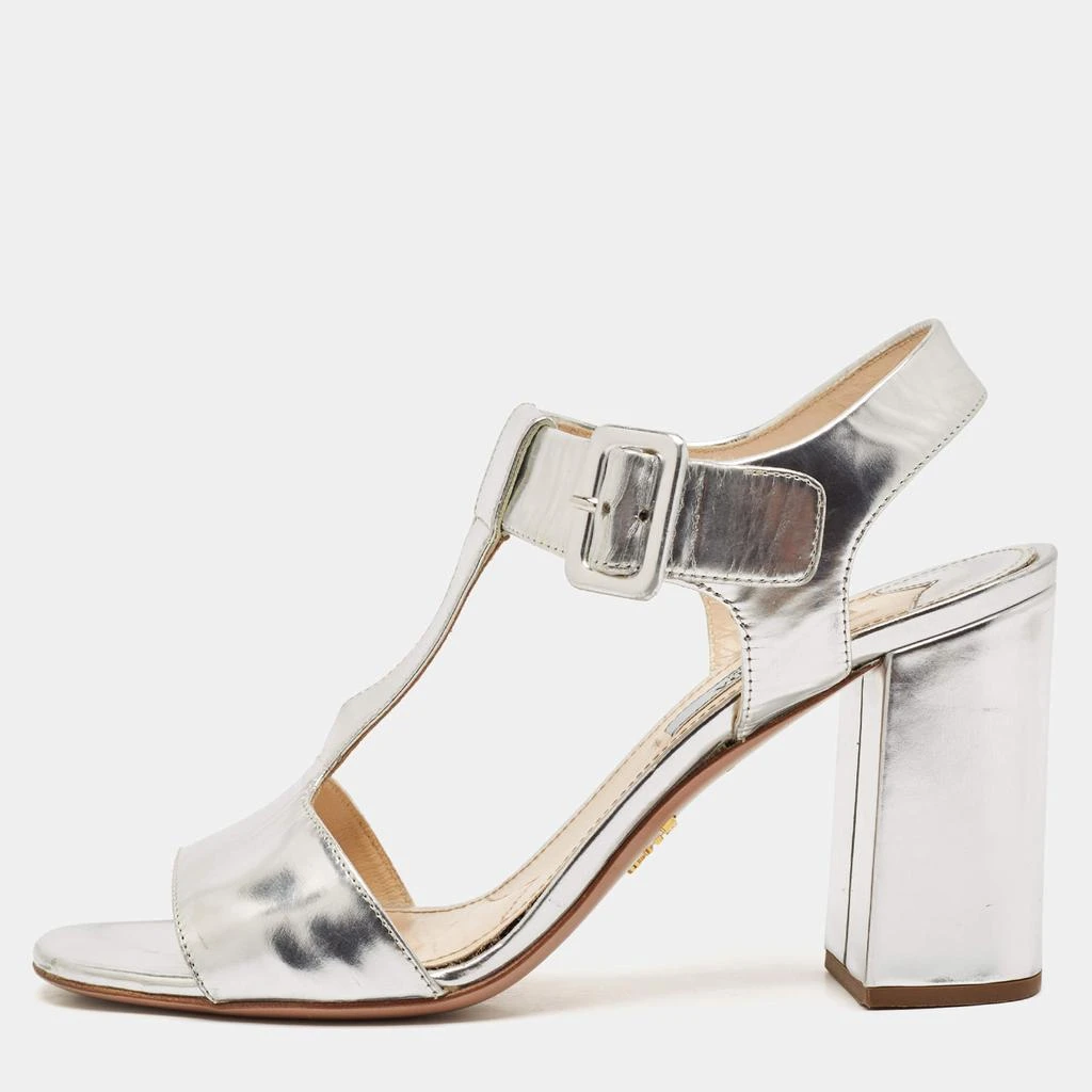 Prada Prada Silver Leather Block Heel T-Strap Sandals Size 39 1