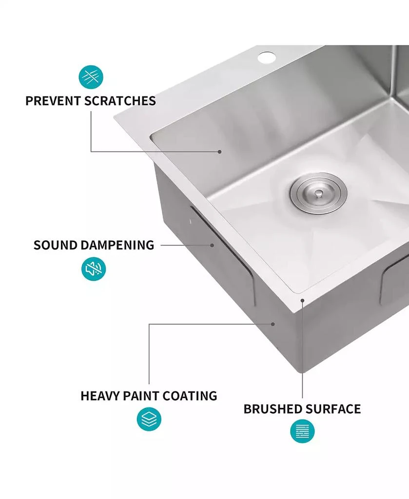 Flynama 25x22x10inch Stainless Steel Kitchen Sink Drop In Single Bowl 16 Gauge Deep Basin 6