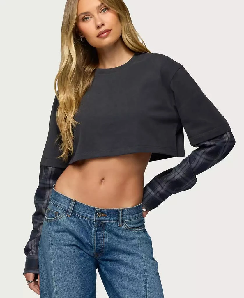 Edikted Women
s Plaid Sleeves Layered Crop Top