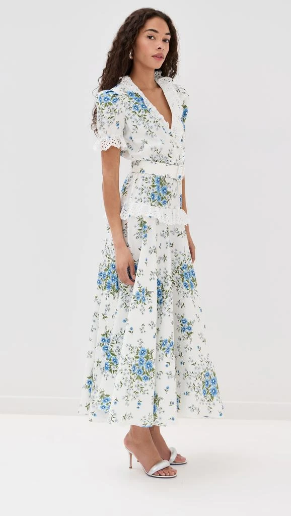Rodarte White and Blue Daisy Silk Short Sleeve Silk Dress with Eyelet Ruffle Detail and Belt 3
