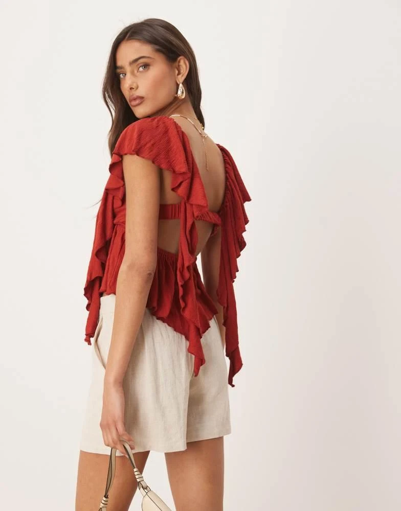 ASOS ASOS DESIGN crinkle flutter sleeve open back top in rust 2