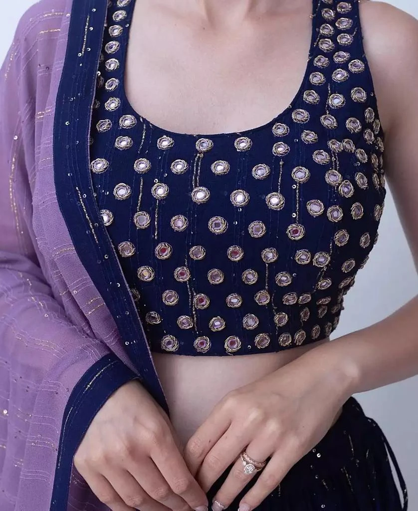 RAAS Women
s Navy Blue Lehenga Choli Set with Tiered Skirt and Mirror Work Blouse 4