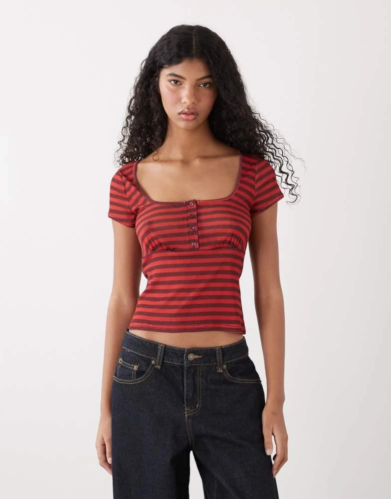 COLLUSION COLLUSION babydoll henley top in red and black stripe