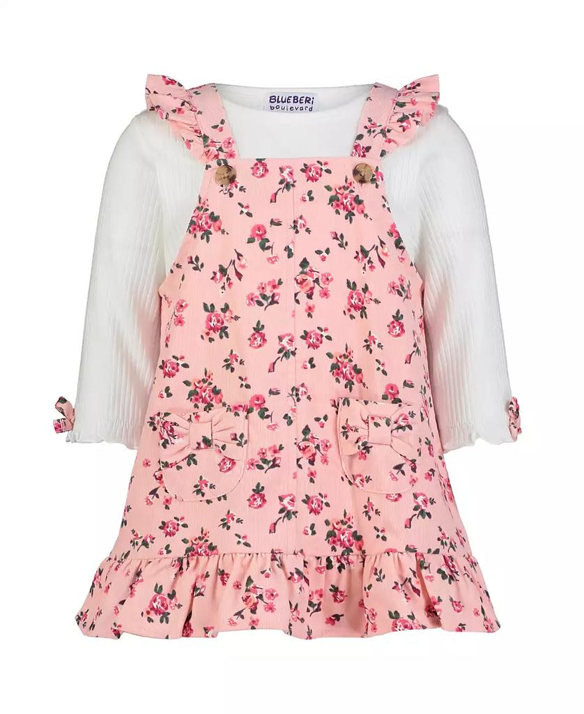 Blueberi Boulevard Baby Girls Ribbed Long Sleeve Ruffle Cuff Top and Floral A-Line Jumper Set